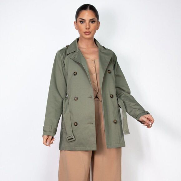Olive Fall Winter Double-breasted notch belted coat - Picture 1 of 5